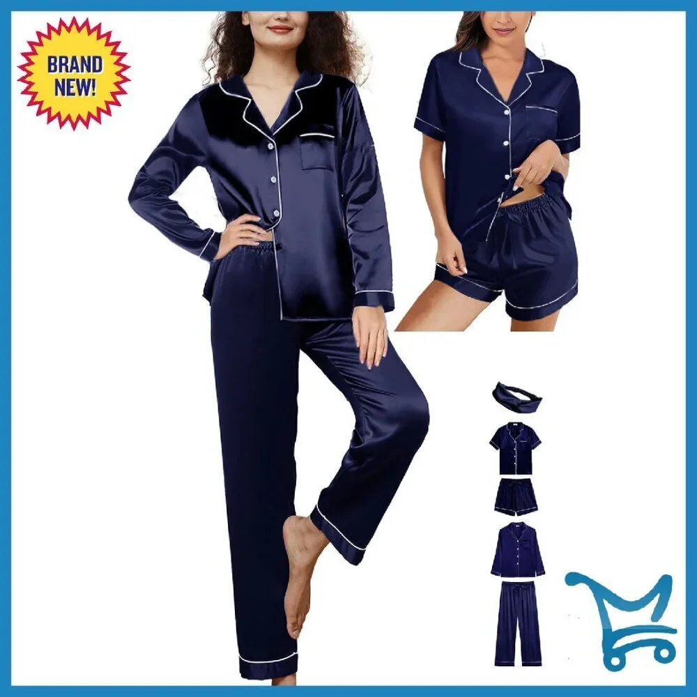 Women's 5-Piece Satin Pajama Set with Headband, XS-2XL